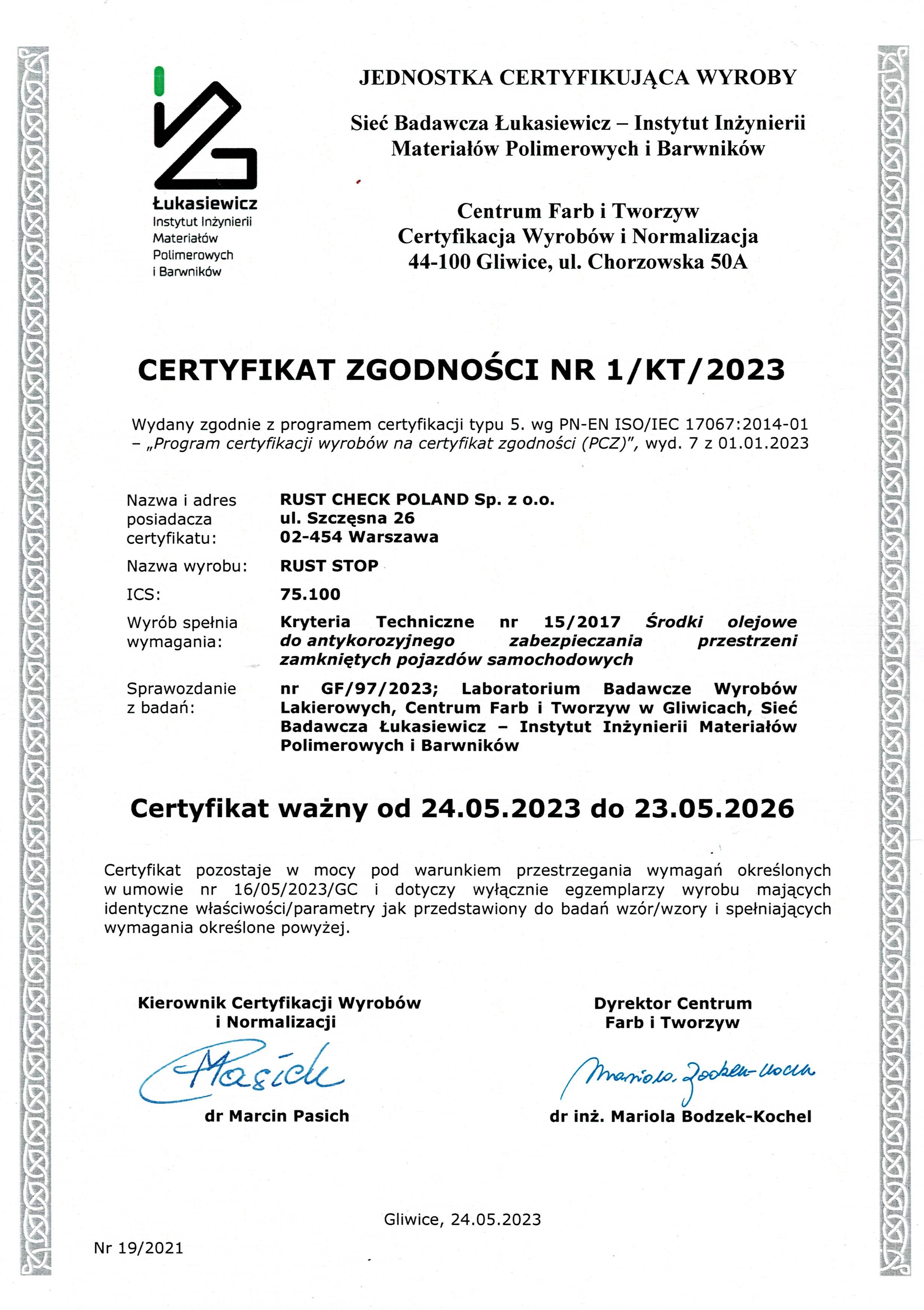 certyfikat Rust Check Poland 2024